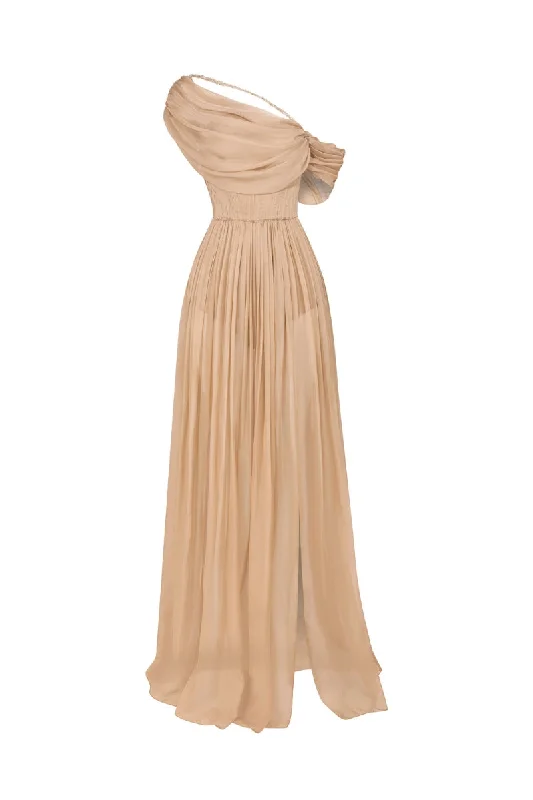 BROWN NUDE CHIFFON WITH HAND- PLEATED MAXI DRESS Elegant Maxi Dress with Drapes