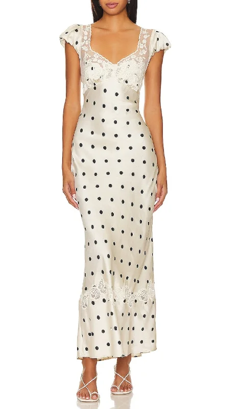 BUTTERFLY EMBELLISHED POLKA DOT CUTOUT MAXI DRESS Cozy Open-Back Maxi Dress