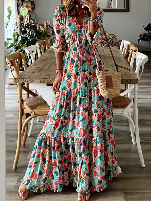 Button Up Ruffle Hem Tiered Maxi Dress Fashionable Asymmetrical Maxi Dress