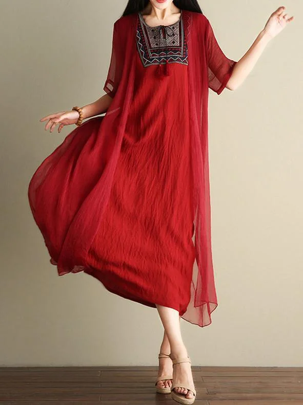 Casual Inwrought Printed Round Neck Short Sleeve Beach Maxi Dress Classic Solid Maxi Dress