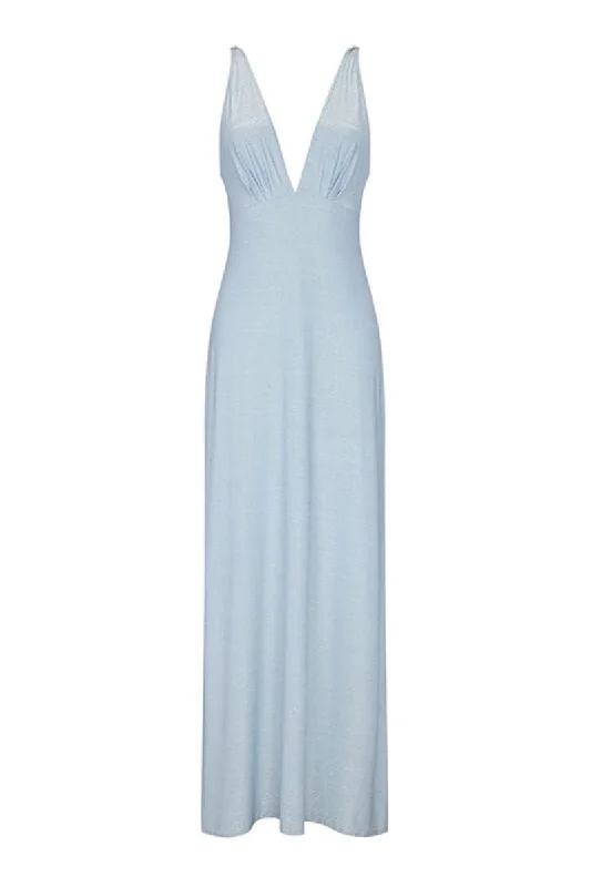 CELESTE LIGHT BLUE V-NECK MAXI DRESS Trendy Button Front Maxi Dress