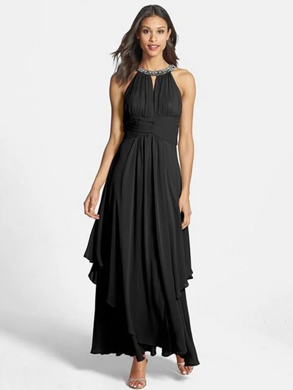 Chiffon Halterneck Beaded Sleeveless Maxi Dress Stylish A-Line Maxi Dress