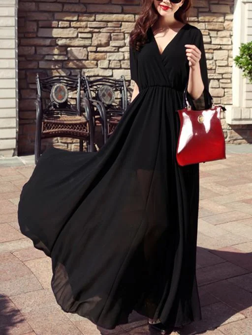 Chiffon Solid Color V-neck Flared Sleeves Maxi Dress Trendy Ruffled Maxi Dress