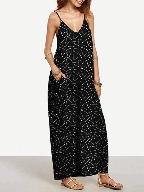 Cool Black Bohemia Spaghetti Straps V Neck Maxi Dress Comfortable Pleated Maxi Dress