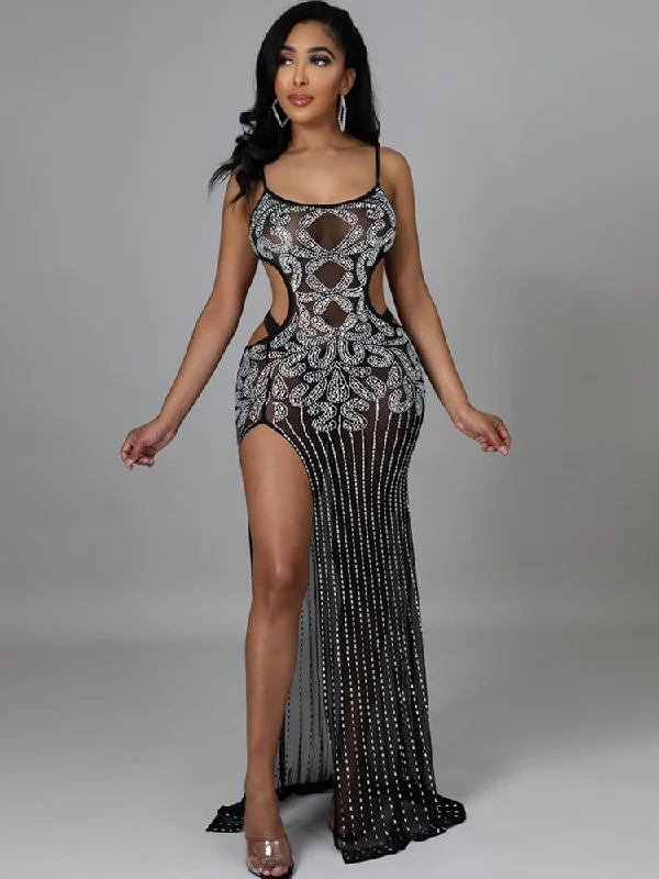 Sequin Mesh Spaghetti Strap Cut Out Split Maxi Dress Elegant Maxi Dress with Ruffles