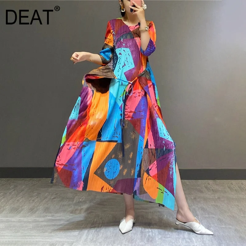 DEAT Pleated Woman Maxi Dress Hit Color Elegant Dresses Asymmetry High Waist Slim Casual Style 2022 Autumn 15HT510 Elegant Wraparound Maxi Dress