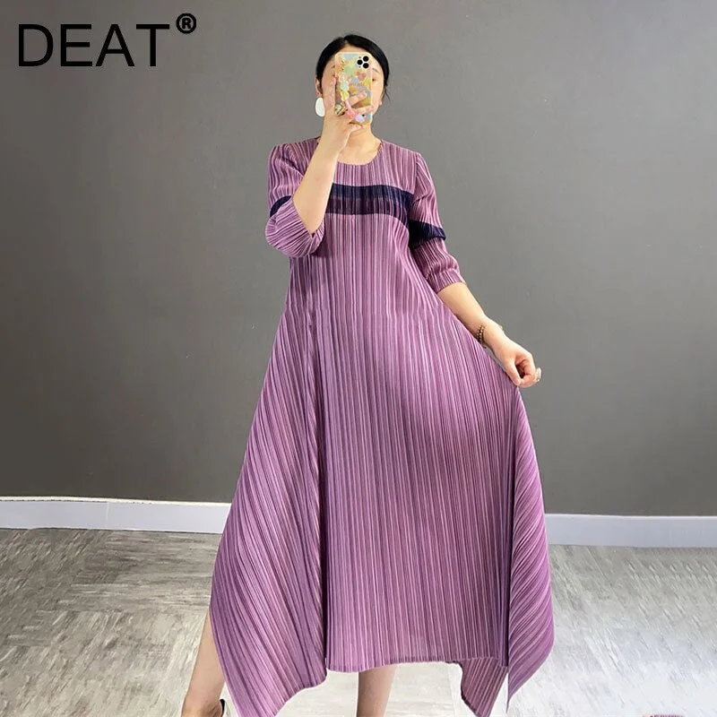 DEAT Woman Pleated Maxi Dress Striped Asymmetry Seven Sleeve Round Collar Causal Style Elegant Dresses 2022 Autumn 15AK747 Trendy Maxi Dress with Bow