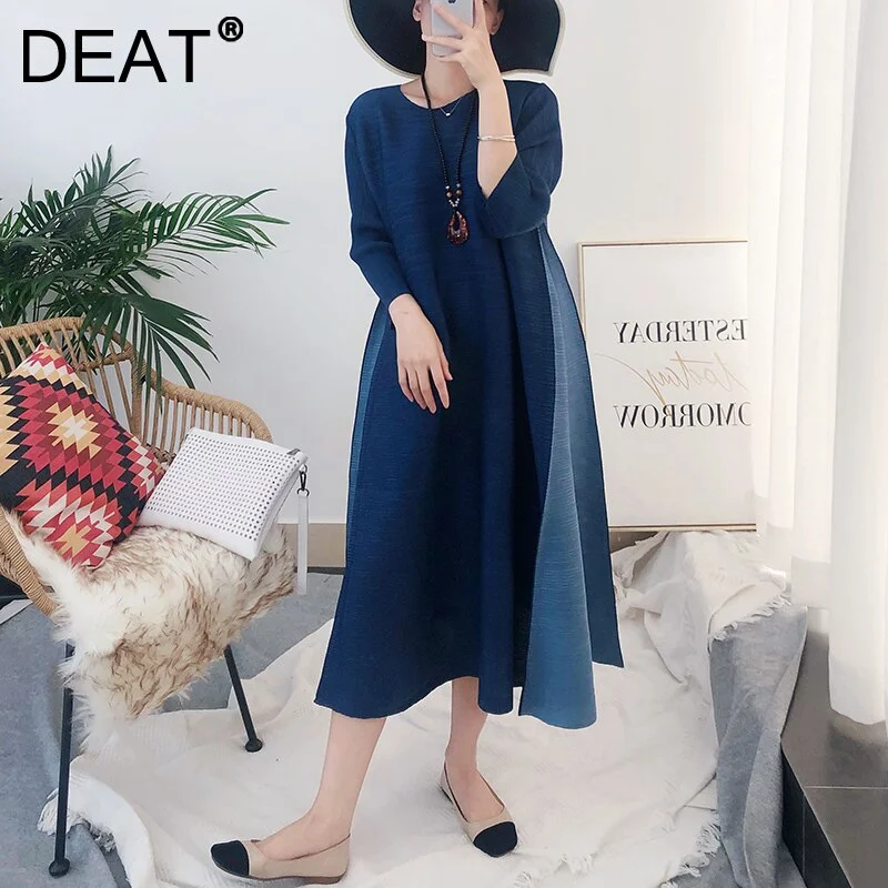 DEAT Women Pleated Maxi Dress Round Collar Seven Sleeve Side Split Patchwork Loose Casual Style 2022 Autumn  15JK94 Trendy Fit-and-Flare Maxi Dress