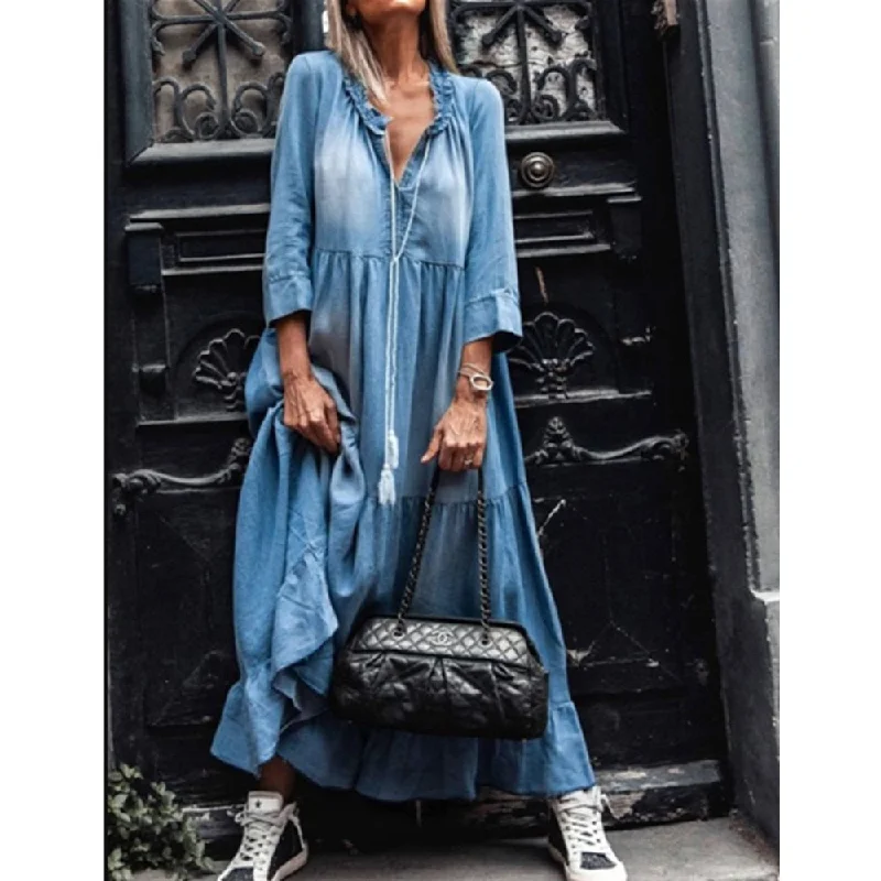 Denim Dress Women Loose Cowboy Three Quarter Sleeve Long Dresses Robe Ruffle V Neck Elegant Party Maxi Dress Vestidos 2022 Trendy Maxi Dress with Straps