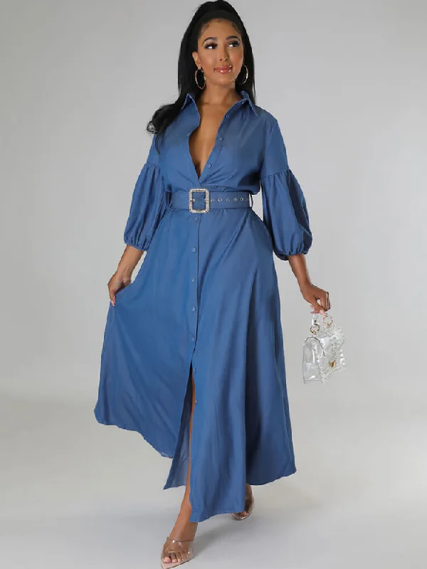 Denim Lantern Sleeve Bodycon Maxi Dresses Classic V-Neck Maxi Dress