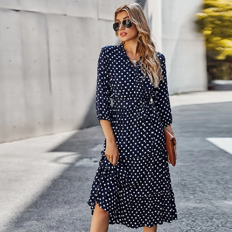 Elegant Polka Dot Women Dress Female Casual long Sleeve Office Dresses V-Neck A-Line party maxi dress spring & sumnmer LYQ019 Cozy Knit Maxi Dress