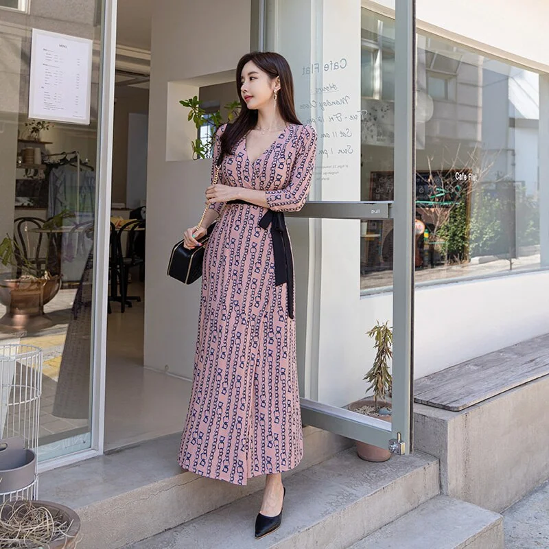 elegant print A line Dress one piece korean ladies autumn winter Sexy long Sleeve cabaret party maxi Dresses for women Cozy Maxi Dress with Slit