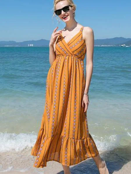 Fashion Yellow Bohemia Spaghetti Straps Maxi Dress Cozy Ribbed Maxi Dress