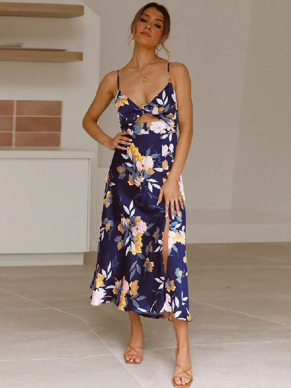 Floral Print V Neck Backless Maxi Dresses Trendy Maxi Dress with Belt