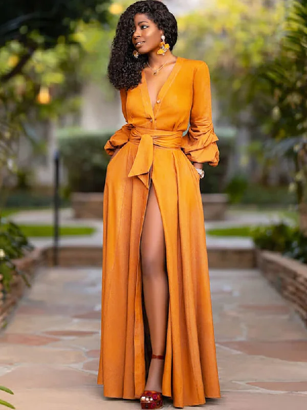 Long Sleeve V Neck Solid Maxi Dresses Fashionable Off-Shoulder Maxi Dress