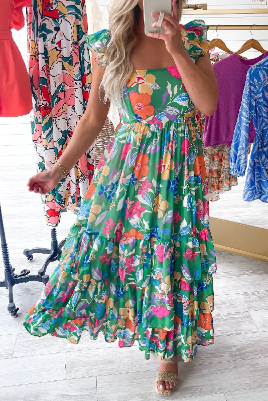 Blue Zone Planet |  Green Floral Print Sleeveless Ruffle Tiered Maxi Dress Cozy Longline Maxi Dress