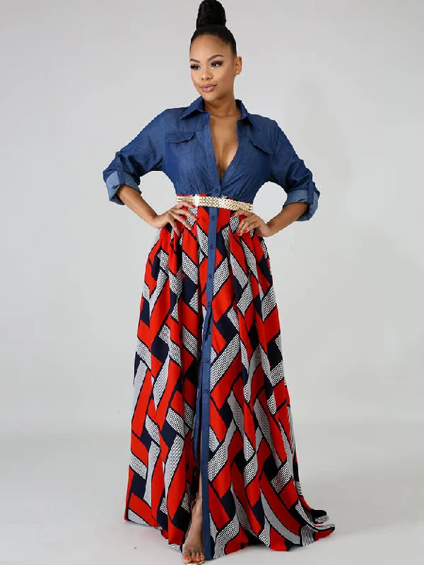 Denim Long Sleeve Plaid Patchwork Maxi Dresses Comfortable Casual Maxi Dress