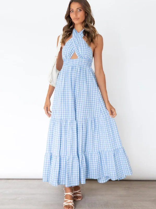 Halter Sleeveless Backless Plaid Maxi Dresses Trendy A-Line Maxi Dress