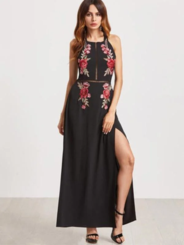 Halterneck Embroidered Split Front Maxi Dress Comfortable Bohemian Maxi Dress