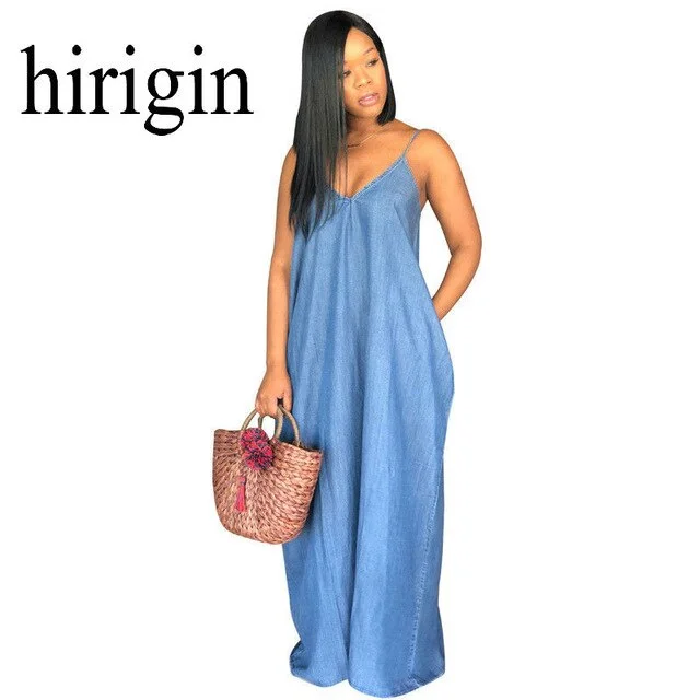 hirigin 2022 Women Lady Boho Backless Summer Long Denim Maxi Dress Women Jean Dresses Loose Strapless Vestidos Plus stockout Comfortable Ruffle Hem Maxi Dress