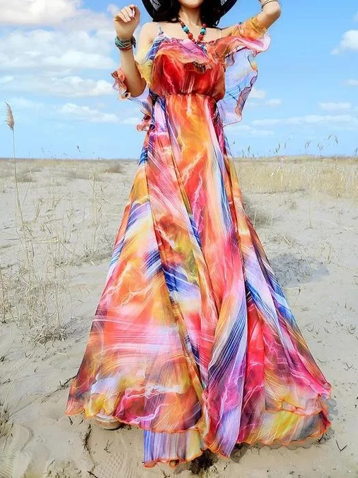 Hot beach chiffon dress sleeveless bohemia full dress holiday maxi dress Fashionable Chiffon Tiered Maxi Dress