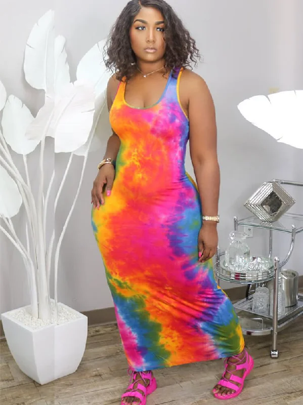 Plus Size Tie Dye Print Bodycon Maxi Dresses Trendy Maxi Dress with Belt