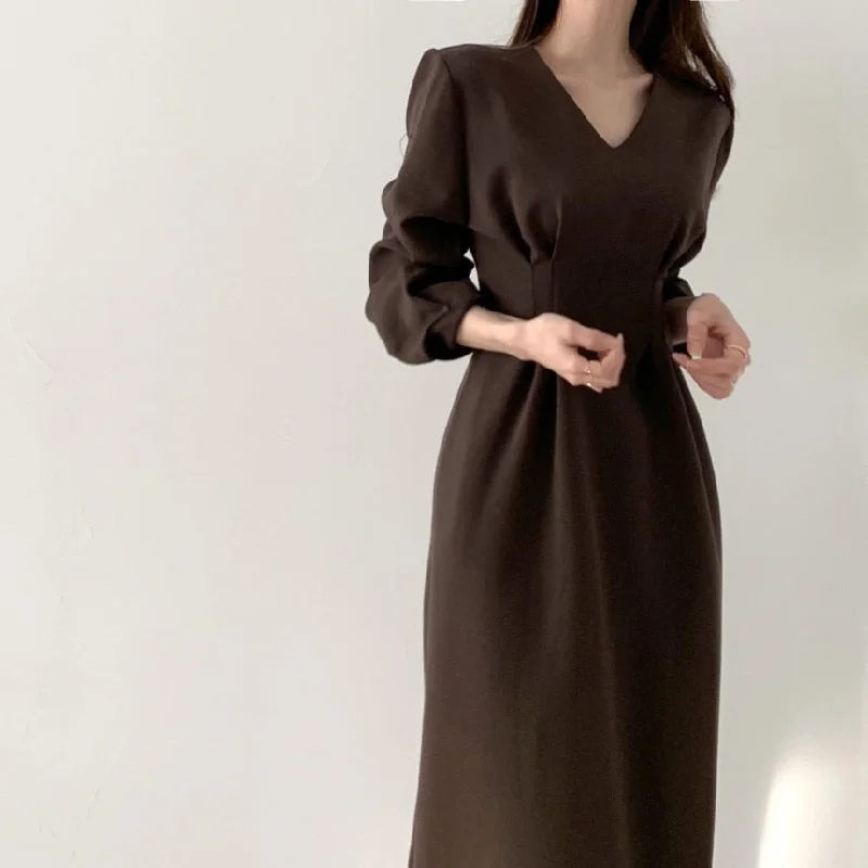 HziriP Solid Minimalist Maxi Dress women 2022 Autumn Dress Elegant OL V-neck Long Sleeve Dresses Female Vestidos Cozy Open-Back Maxi Dress