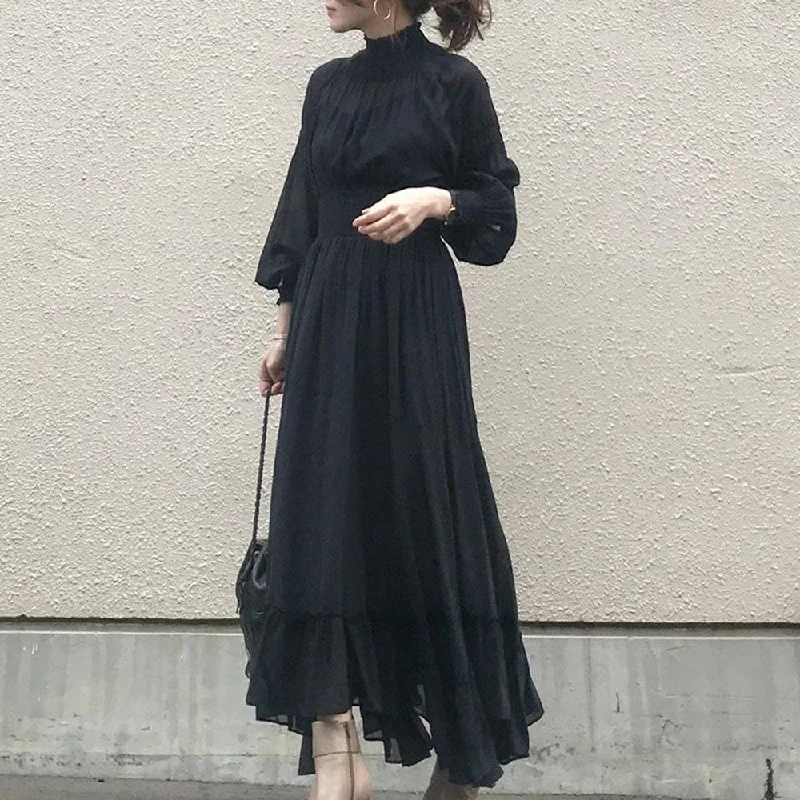 Korean 2022 Designer Pleated Dress Women Black Elegant Ruffle Long Sleeve High Waist Ladies Long Maxi Dresses Autumn Chic Sleeveless Maxi Dress