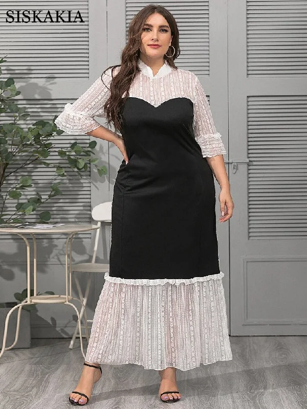 Lace Patchwork Indie Folk Maxi Dress for Women Elegant Stand Collar Half Sleeve Evening Party Clothes Fall 2022 New Stylish Maxi Dress with Frills