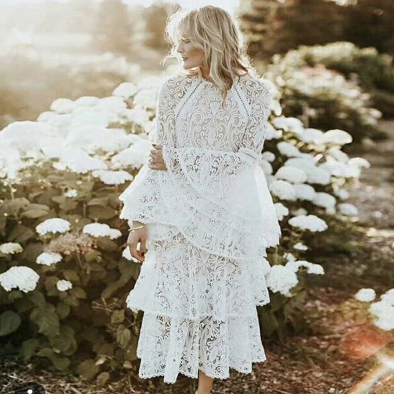 Lace Tiered Ruffle Maxi Dress Comfortable Long-Sleeve Maxi Dress