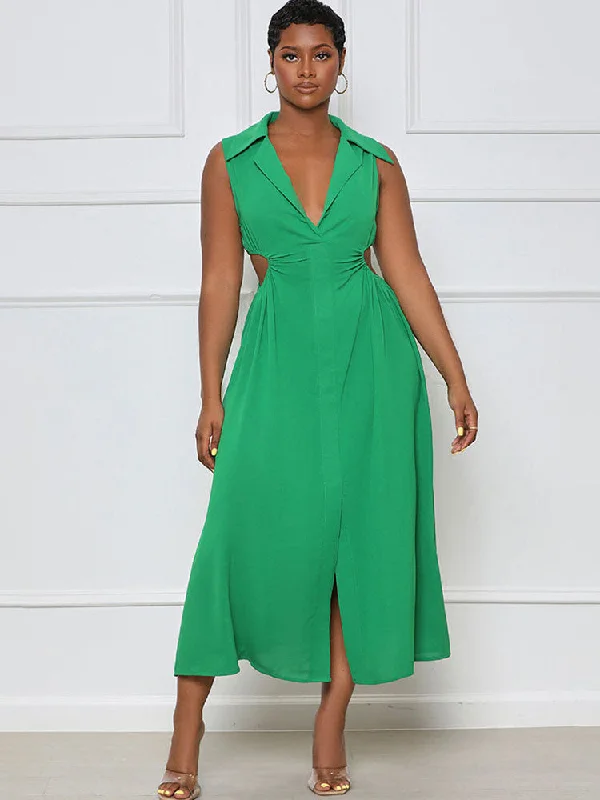 Lapel V Neck Sleeveless Maxi Dresses Classic A-Line Maxi Dress