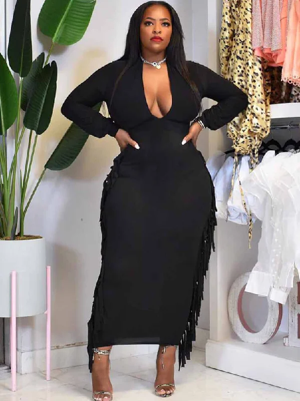 Plus Size Long Sleeve Tassel Maxi Dress Stylish Button-Up Maxi Dress