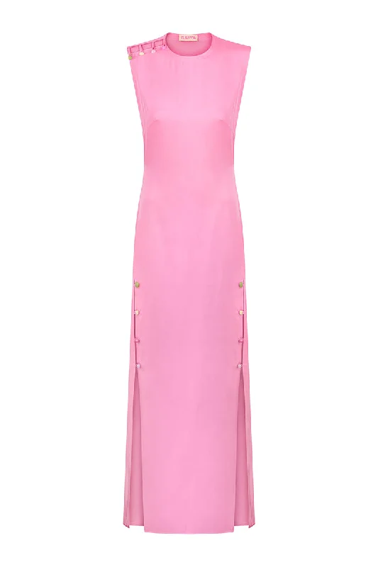 PINK MAXI DRESS WITH STONES Elegant Lace-Up Maxi Dress