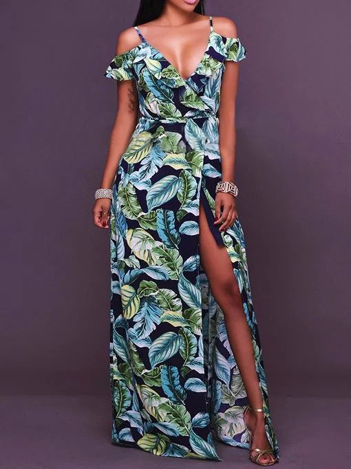 Plant Printed Spaghetti-neck Split-side V-neck Maxi Dress Fashionable Halter Neck Maxi Dress