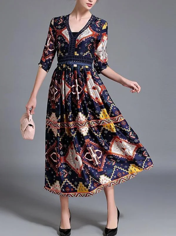 Pretty Bohemia Printed Half Sleeve V Neck Maxi Dress Stylish Empire Waist Maxi Dress