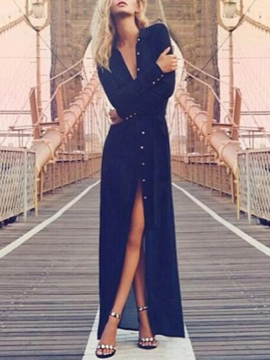 Pretty Chiffon Front Split with Button Long Sleeve Maxi Dress Fashionable Chiffon Maxi Dress