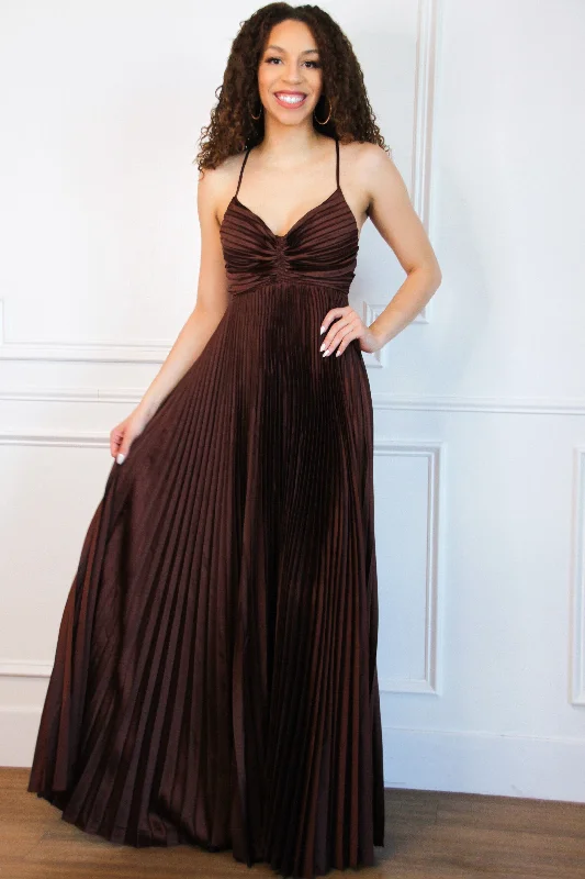 Pretty in Pleats Maxi Dress: Chocolate Fashionable Off-Shoulder Maxi Dress