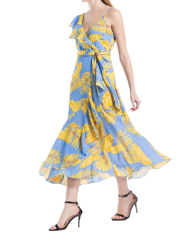 2018 Printed Leaf Sexy Maxi Dress Comfortable Pleated Maxi Dress