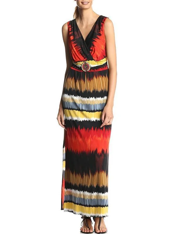 Printed Sleeveless Jumper Maxi Dress Elegant Maxi Dress with Belt