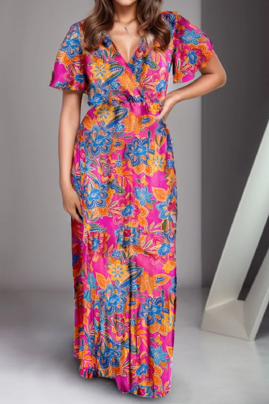 Printed Surplice Short Sleeve Maxi Dress Comfortable Maxi Dress with Slits