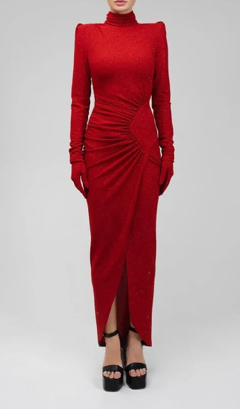 RED SEQUIN-EMBELLISHED RUCHED MAXI DRESS Elegant Floral Maxi Dress