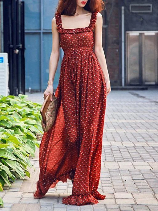 Retro Chiffon Printed Spaghetti-neck Backless Floor Maxi Dress Stylish Maxi Dress with Frills