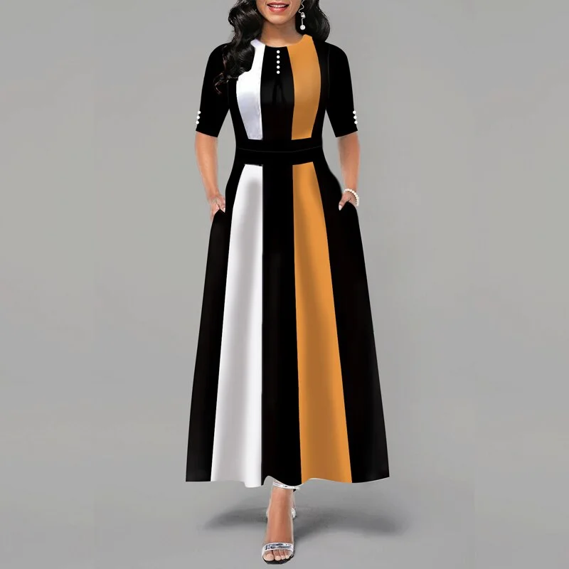 Retro Women Striped Dress Ladies Long Maxi Dress Office Lady 3/4 Sleeve High Waist Long Dress Classic Female Fit and Flare Dress Fashionable High-Low Maxi Dress