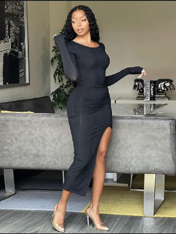 Ribbed Long Sleeve Side Split Bodycon Maxi Dresses Classic Solid Maxi Dress