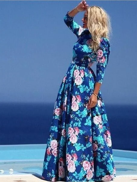 Romantic Blue Flower 3/4 Sleeve Boat Neck Maxi Dress Comfortable Bohemian Maxi Dress