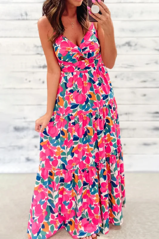 Rose Floral Twisted Smocked Back Tiered Maxi Dress Chic Summer Floral Maxi Dress