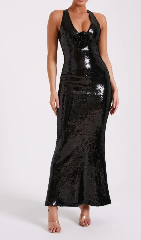 ROSE SEQUIN MAXI DRESS IN BLACK Chic Sleeveless Maxi Dress