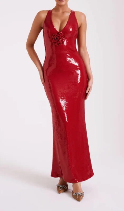 ROSE SEQUIN MAXI DRESS IN RED Trendy Off-Shoulder Ruffle Maxi Dress