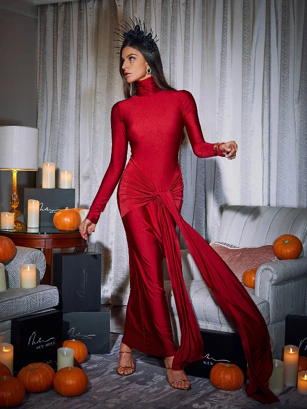 Rumaysa Long Sleeve Twisted Maxi Dress In Red Cozy Ribbed Maxi Dress