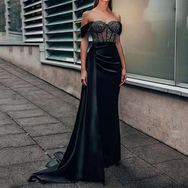 Sexy Backless Evening Party Dress for Women Black Lace Chest Wrapping Off the Shoulder Split Mermaid Prom Gown Maxi Dresses Stylish Pleated A-Line Maxi Dress